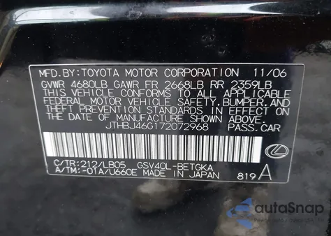 2007 Lexus Es 350 from USA, damaged, VIN JTHBJ46G172072968